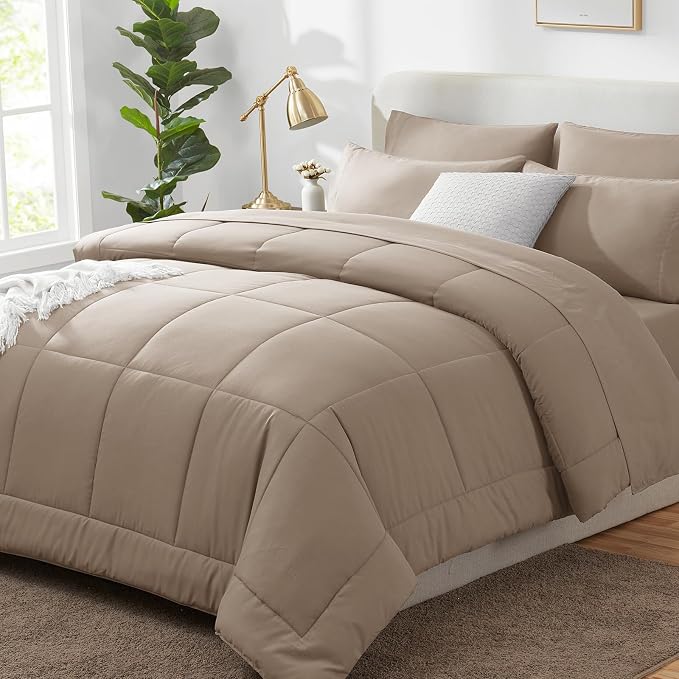 CozyLux Queen Comforter Set Khaki, 7 Pieces Bed in a Bag, Khaki Comforters by CozyLux