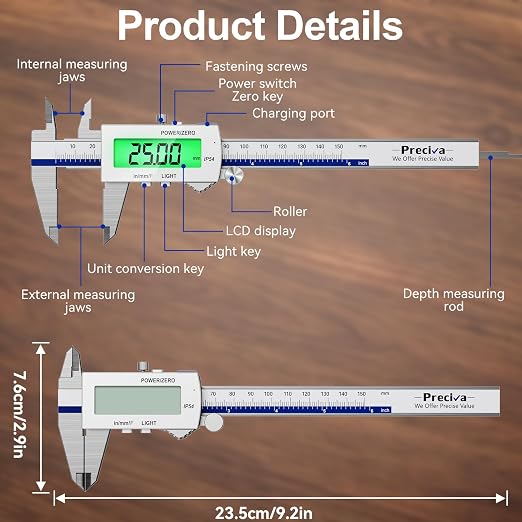 Preciva Backlight Digital Caliper, 6 Inch Rechargeable Electronic Micrometer - Image 7