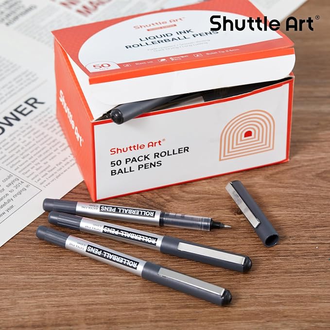 Shuttle Art RollerBall Pens, 50 Pack Black Fine Point Roller Ball Pens - Image 7