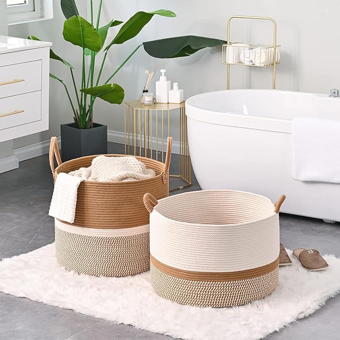 KAKAMAY Large Blanket Basket (20"x13"),Woven Baskets for storage Baby Laundry Hamper, Cotton Rope Blanket Basket for Living Room, Laundry, Nursery, Pillows, Baby Toy chest (White/Brown)