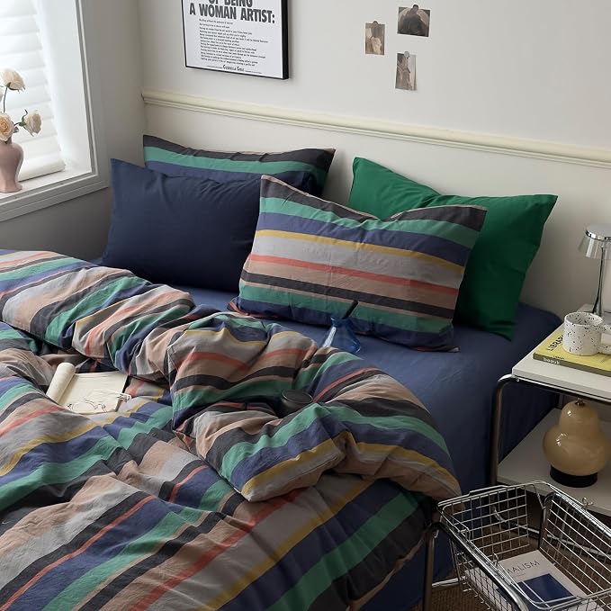 mixinni Vintage Striped Duvet Cover Queen Size 100% Washed Cotton 3 Piece - Image 7