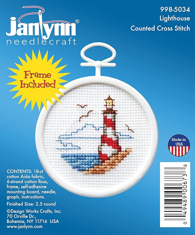 Janlynn 18 Count Round Mini Counted Cross Stitch Kit, 2-1/2-Inch, Lighthouse - Image 2
