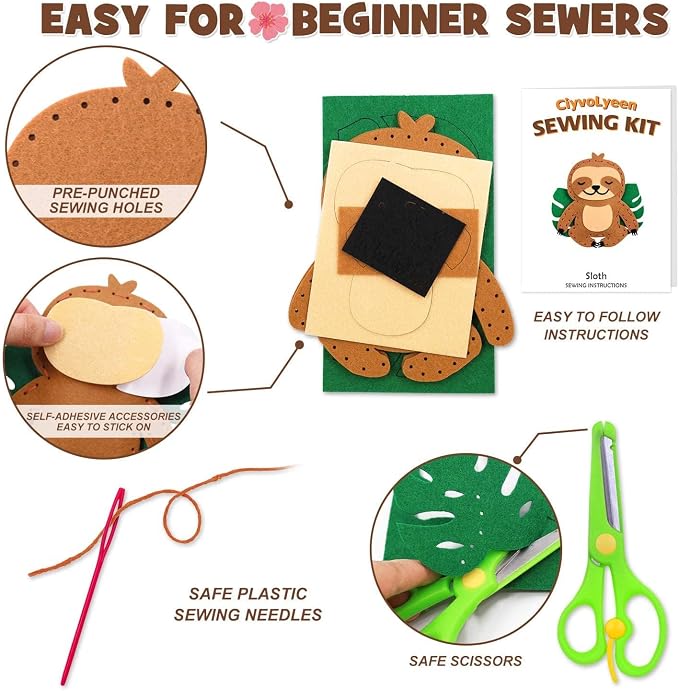 CiyvoLyeen Kids Sewing Kit Crafts – DIY Sloth & Jungle Animal Felt Crafts - Image 3