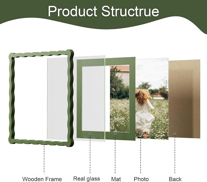 12x12 Picture Frame with Mat for 10x10, Wavy Edge Wooden Real Glass Photo Frame - Image 5