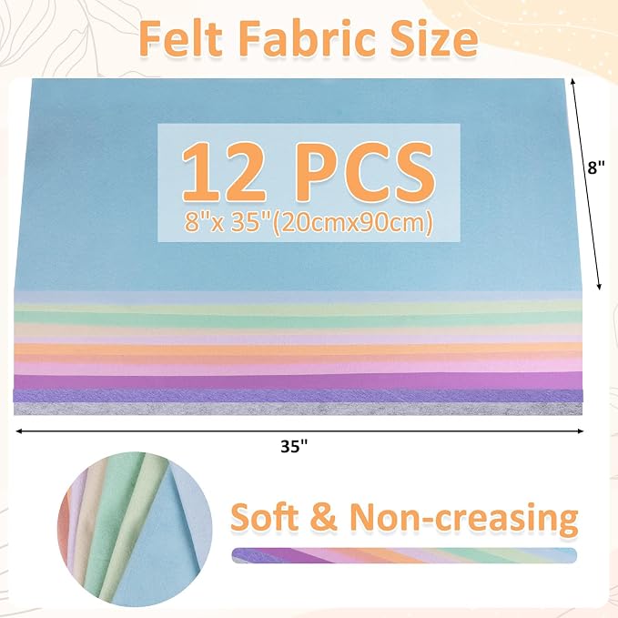 XSEINO 12 Rolls 8"x35" 1.4mm Thick Soft Felt Fabric Sheet 12 Assorted Pastel - Image 3