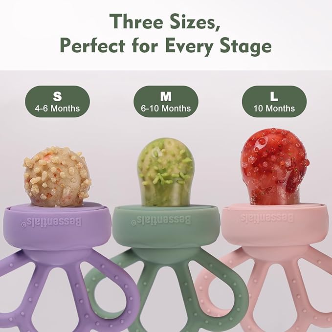 Bessentials Carrot Baby Fresh Fruit Food Feeder & 2 Pack Silicone Mesh Feeders | Safe Infant Self-Feeding|Includes 3 Sizes of Food Pouches |Suitable for Baby 4M+|BPA-Free (Pink & Grass Green)