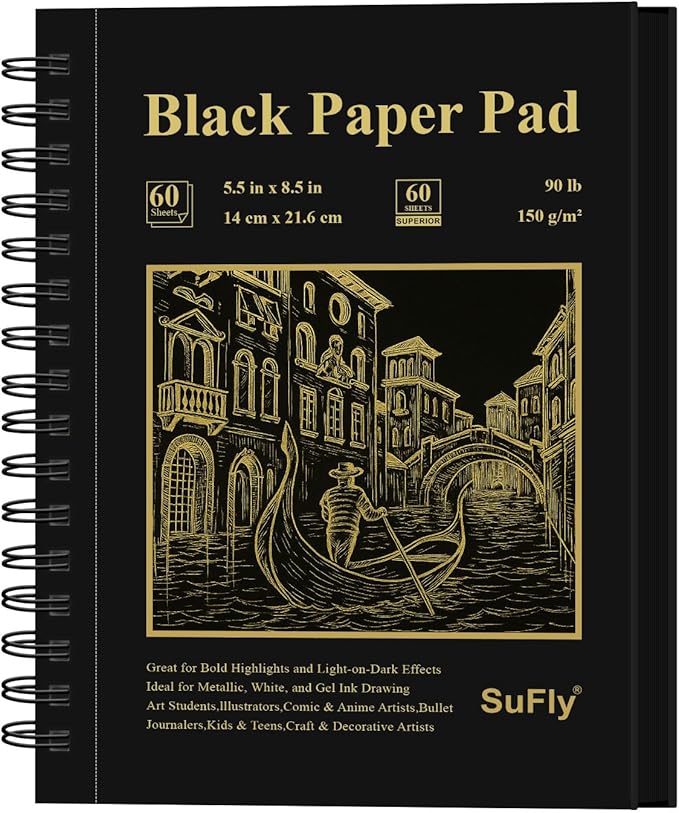 SuFly Black Paper Sketchbook 5.5 x 8.5, 60 Sheets Artist Papers by SuFlyDirect