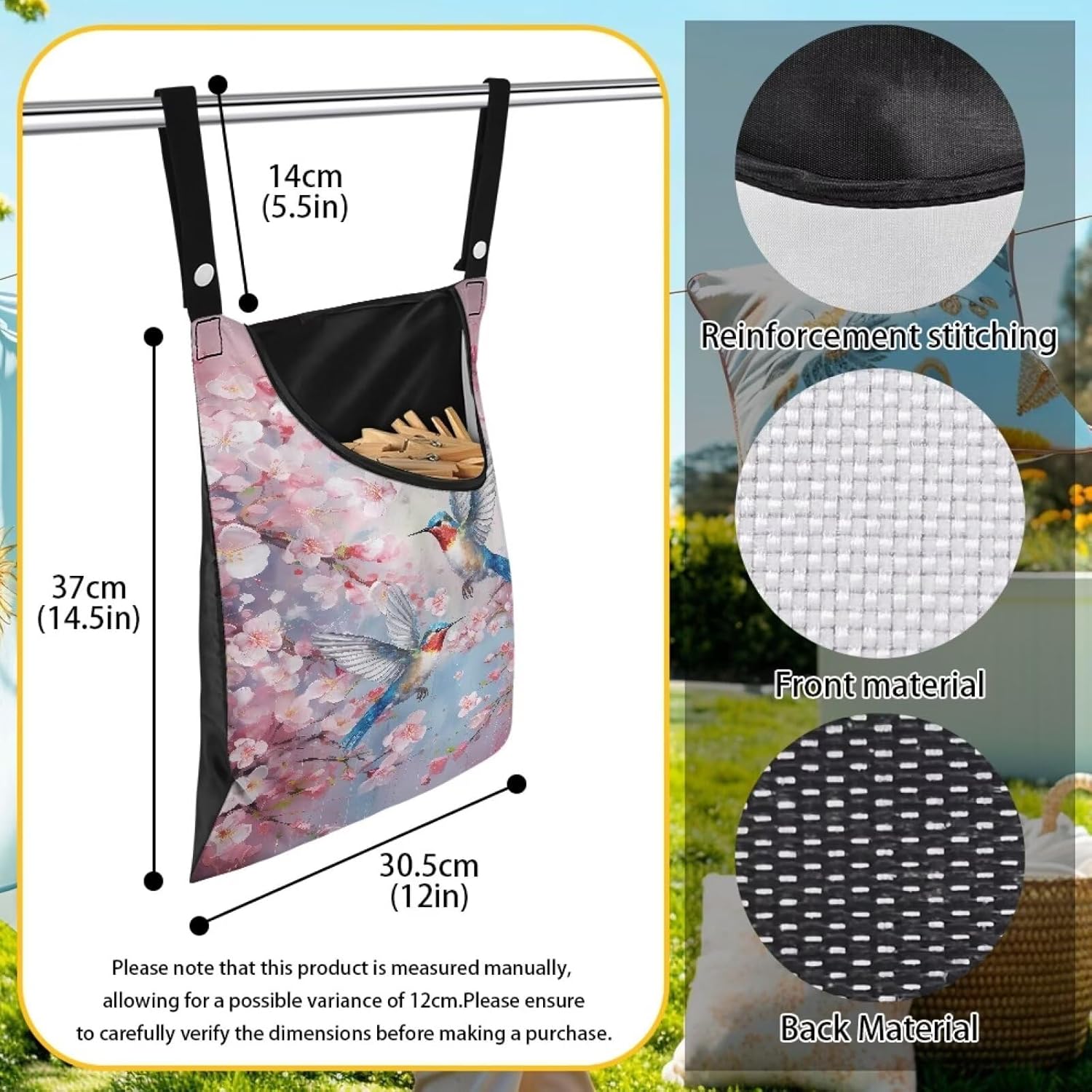 Hummingbird Clothespin Bag with Hanging Hook Cherry Blossom Clothes Pin Holder Waterproof Clothespin Storage Organizer with Large Opening Clothespin Bag for Clothesline Outdoor