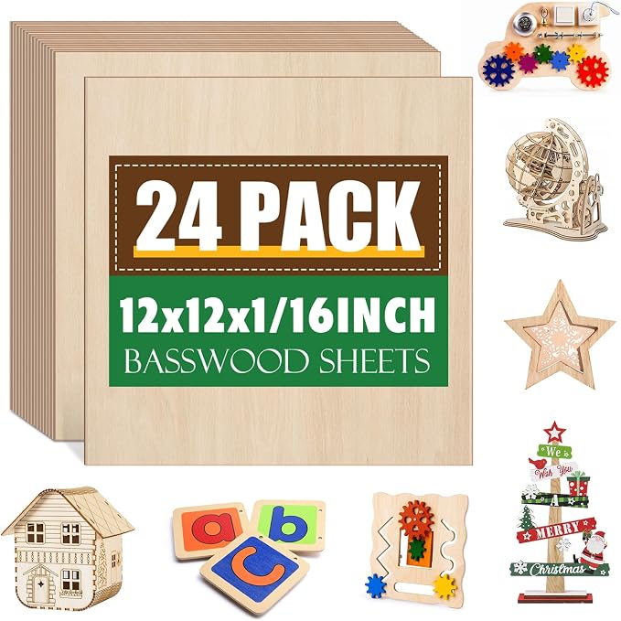24 Pack Basswood Sheets 1/16x12X12Inch, Plywood Sheets by ESRICH