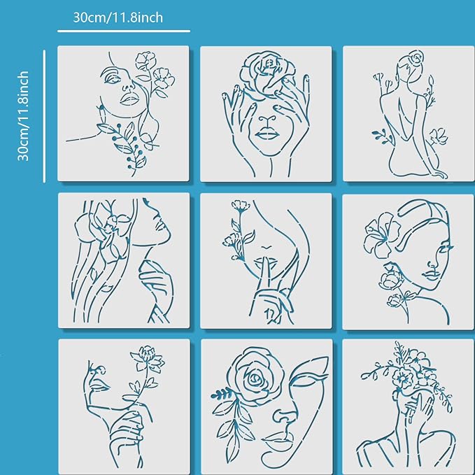 ORIGACH 9PCS 11.8x11.8inch Modern Minimalist Abstract Women Stencil, Floral - Image 2