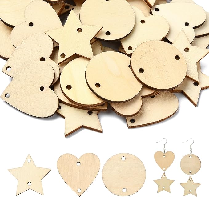 180 pcs 3 Styles Heart Star Theme Unfinished Wood Cutout Charms Flat Round by Gythara