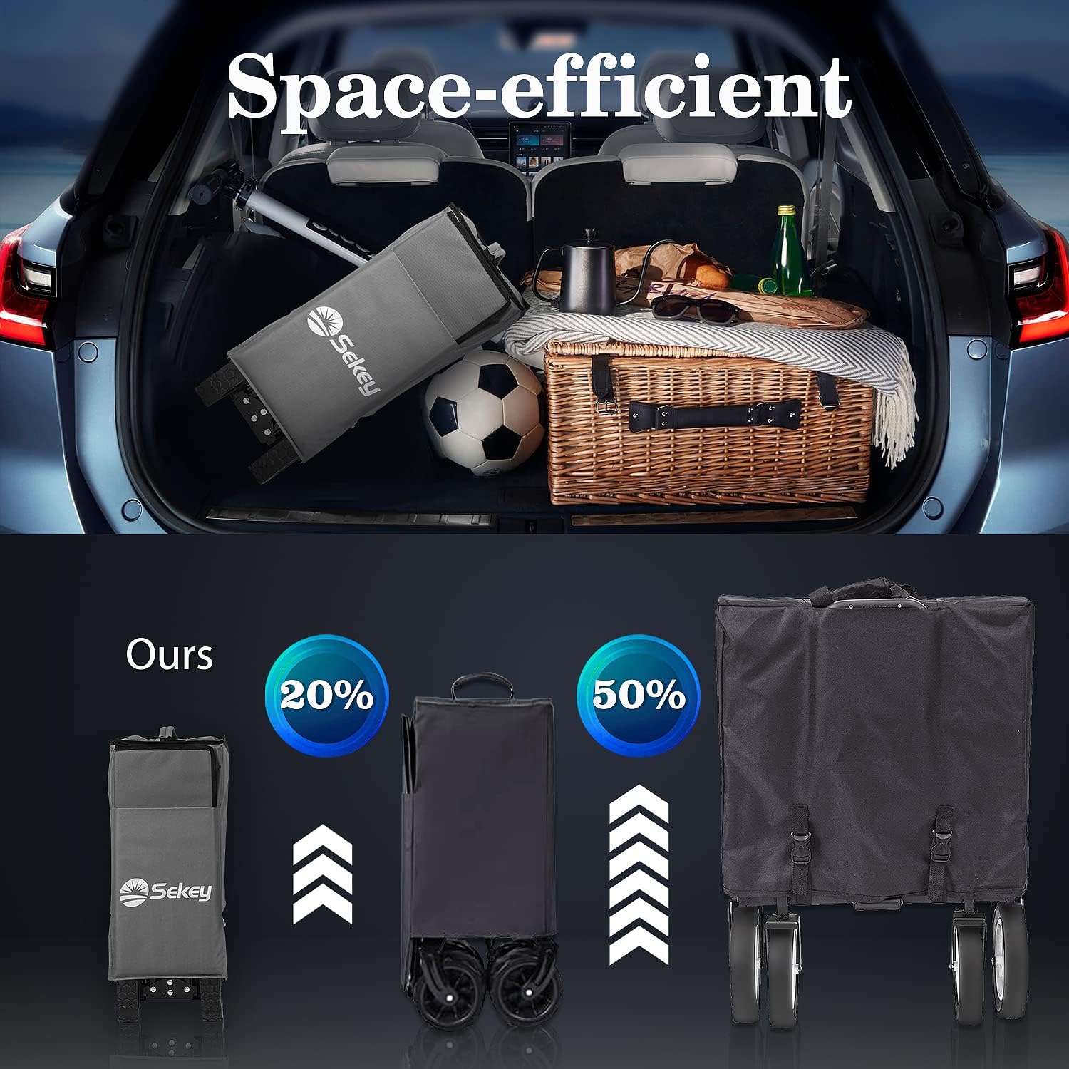 Sekey 220L Collapsible Foldable Wagon with 330lbs Weight Capacity, Heavy Duty Folding Wagon Cart with Big All-Terrain Wheels & Drink Holders (Grey)