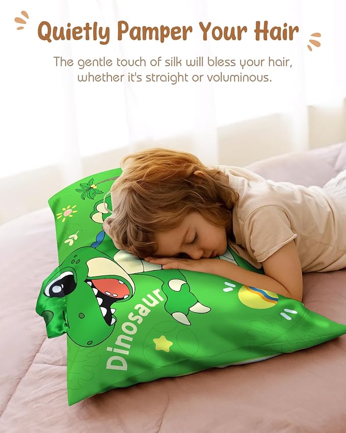 Toddler Pillowcases 13"x18" for Kids - Cute Cartoon Soft Breathable Silk Pillow Cases for Hair and Skin with Hidden Zipper for Girls Fun Kawaii Design for Bedding, Green Dnosaur