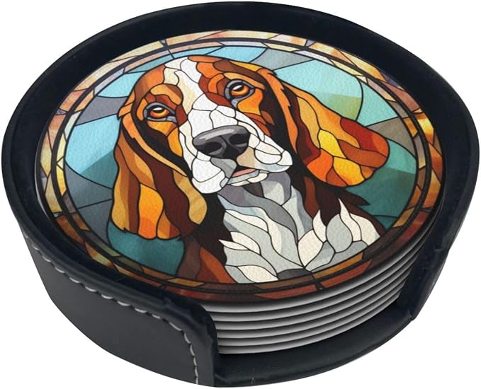 Drink Coaster Set of 6, Basset Hound Dog Mom Lover Gift, Leather Drink Coasters by petloverdoglovercommunity