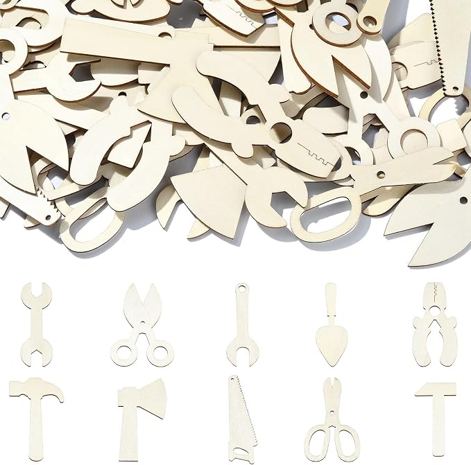 LiQunSweet 50 Pcs Random Styles Tool Theme Unfinished Wood Cutout Creative by LiQunSweet