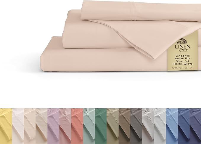 Linen Home 100% Cotton Percale Sheets King Size, Sand Shell, Deep Pocket by LINENHOME