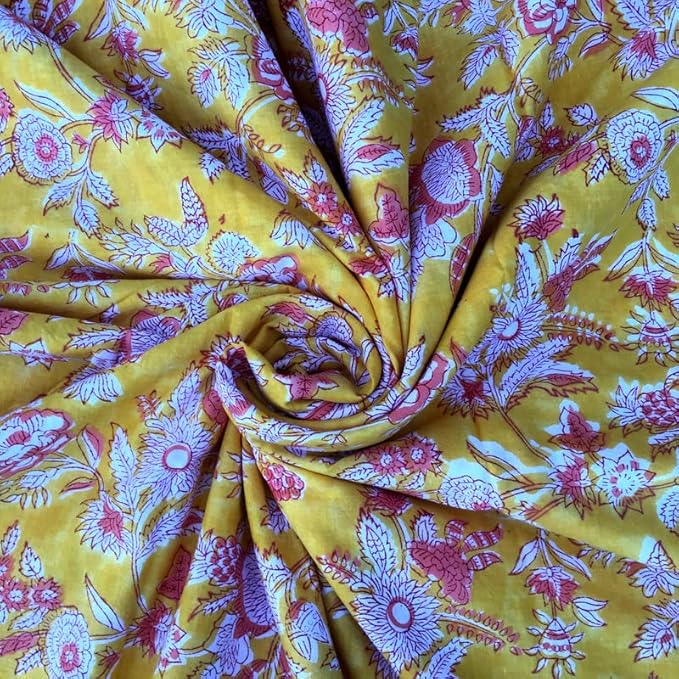 E-Tailor® Indian Ethnic 100% Cotton Voile Running Hand Block Print Natural by E-Tailor