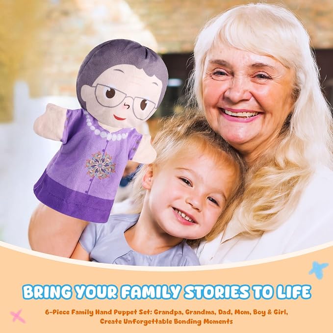 6 Pcs Family Hand Puppets 10 Inch Grandparents, Mom & Dad, Brother & Sister - Image 5