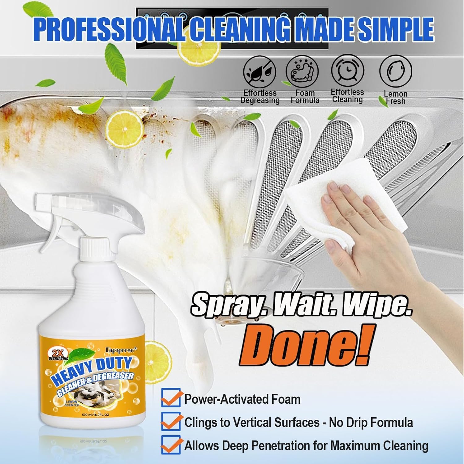 Powerful Kitchen Degreaser Foam Spray, Kitchen Heavy Oil Cleaning Agent, All Purpose Household Cleaning Spray for Oven,On All Surfaces,Lemon Fresh Scent 500ml