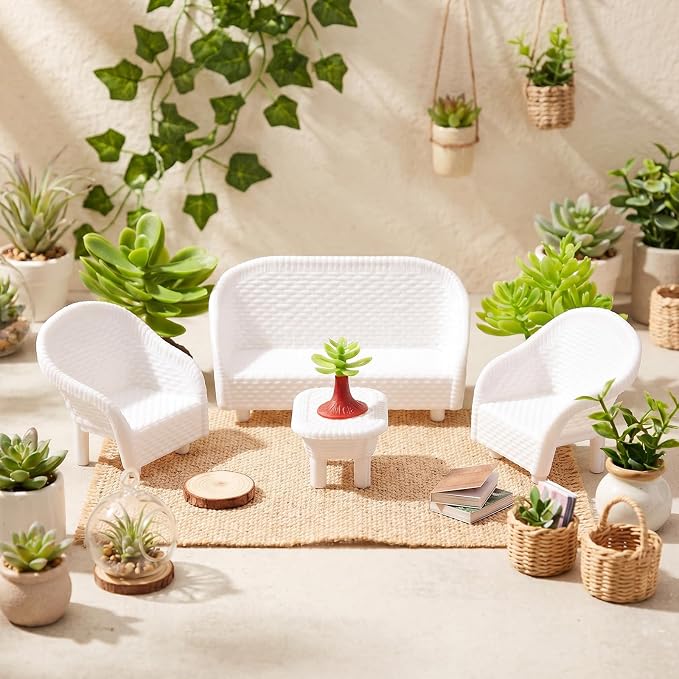 8 Pcs Wicker Tea Table Chair Plant Set, Miniature Dollhouse Furniture Decor - Image 7