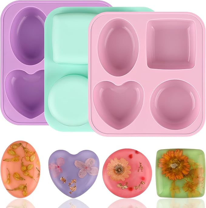 Sakolla 3 Pack Silicone Soap Molds, 4 Cavities Heart, Round and Oval Silicone by Sakolla