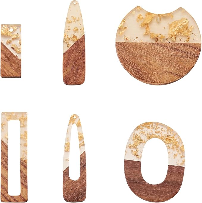 FASHEWELRY 12Pcs Resin & Walnut Pendants 6 Styles Rectangle Oval Bullet by FASHEWELRY