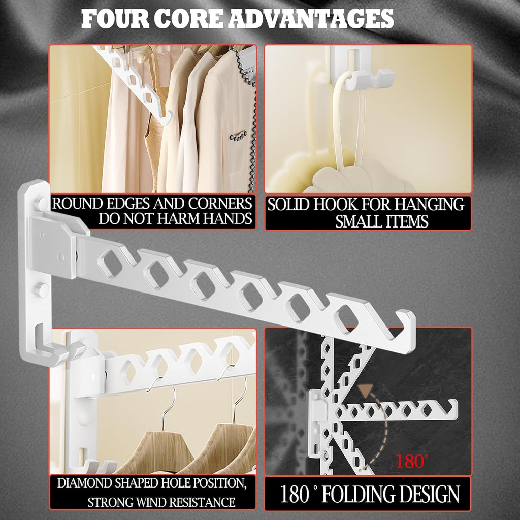 Dr.DJ Wall Mount Coat Hanger Holder White Clothes Drying Organizer Rack Garment Hooks Aluminium Retractable Folding Indoor Wall Mounted Hanger for Laundry Room Bedroom White 2Pack with 80cm Rod