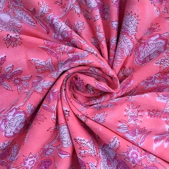 E-Tailor® Indian Ethnic 100% Cotton Voile Running Hand Block Print Natural by E-Tailor