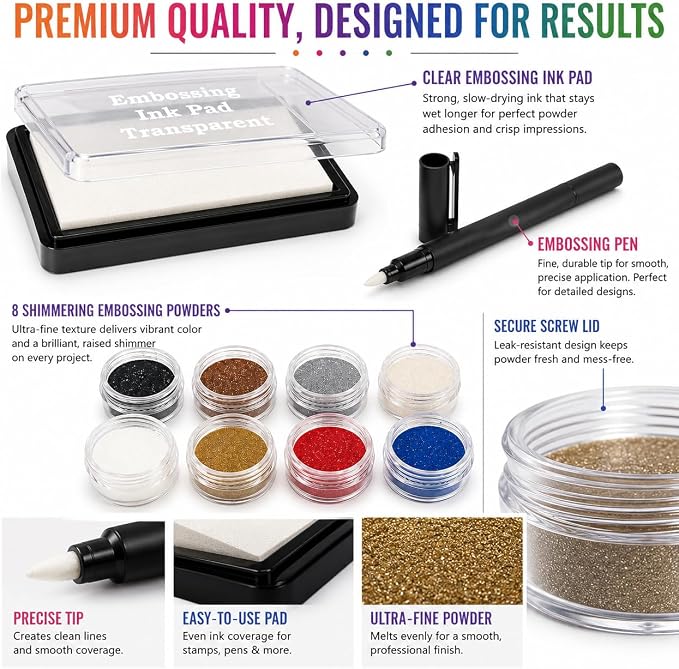 Embossing Kit, Embossing Ink Pad, 8X 10ml Embossing Powders - Image 6