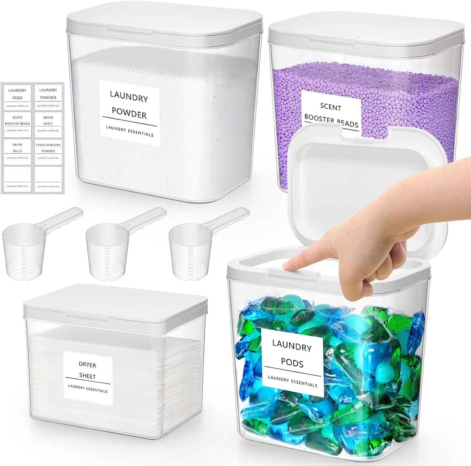 Lifewit 3+1 Laundry Pods Container & Dryer Sheet Holder, Large Powder Detergent Dispenser Storage Jars, Laundry Room Containers for Scent Booster Beads with Pop up Lids, Labels and Scoop