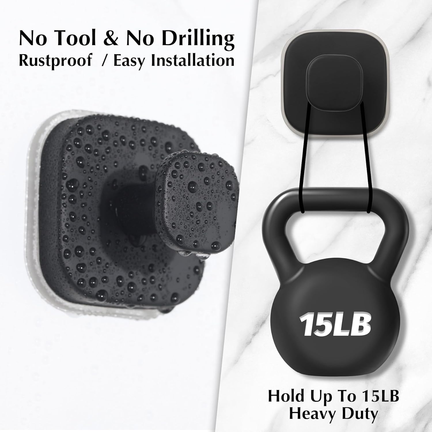 Suction Cup Hooks for Shower - Reusable No-Drill Mounting - Hooks for Towels, Robes & Loofah on Metal, Glass, Mirrors, Tile & Smooth Non-Porous Surfaces (2, Matte Black)