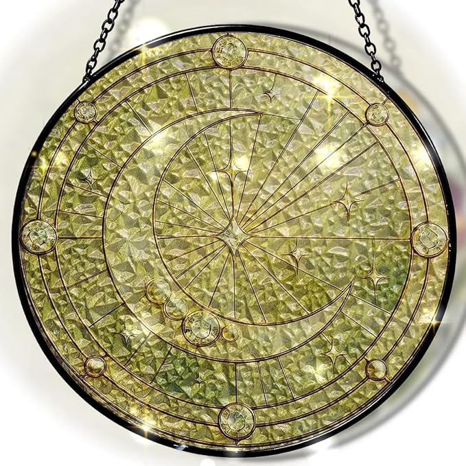 Stained Glass Window Hanging, Crescent Moon Sun Catchers Stained Glass Panels by Greatingreat