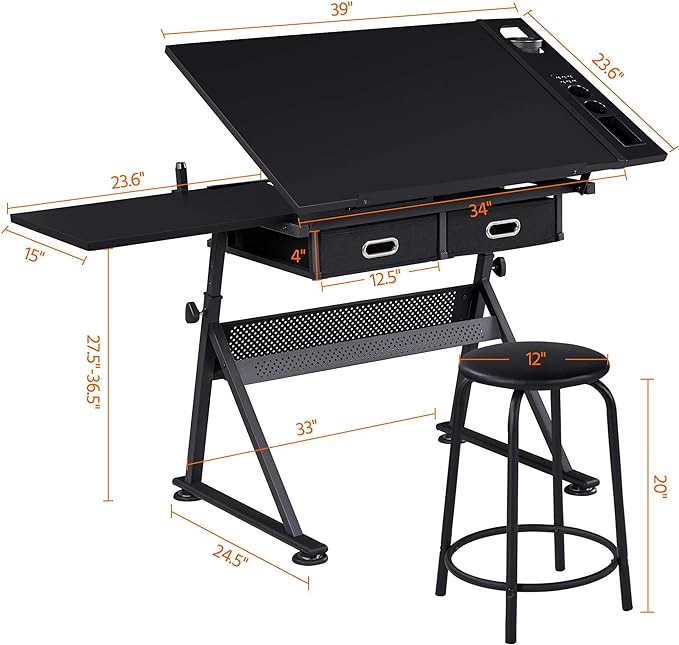 Yaheetech Adjustable Drafting Table Art Desk, Storage Drawers & Stool - Image 3