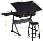 Yaheetech Adjustable Drafting Table Art Desk, Storage Drawers & Stool - Image 3