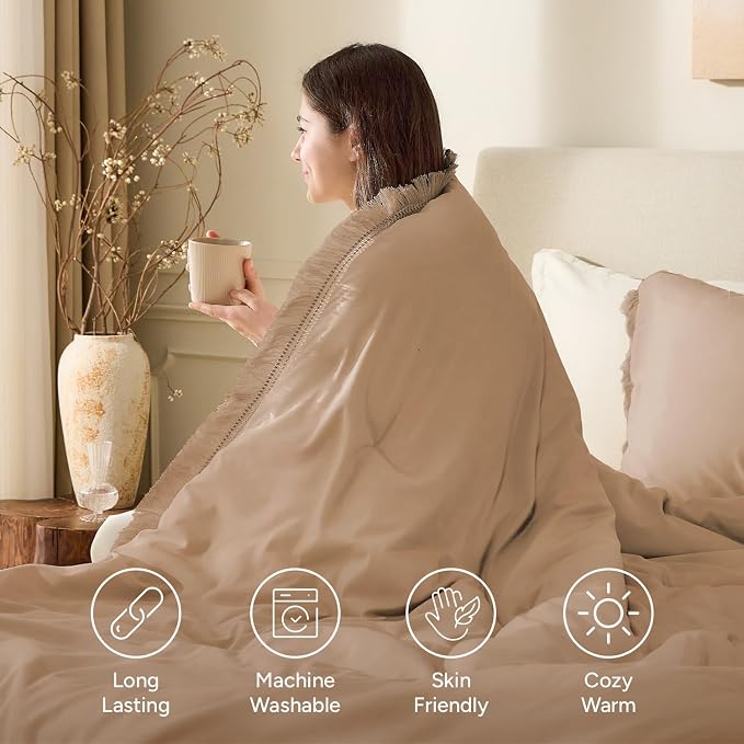 Andency Taupe Comforter Set King Size, 3 Pieces Boho Tassel Lightweight Bedding - Image 4