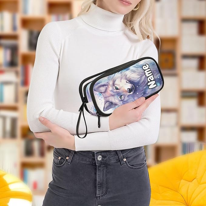 Custom Wolf Watercolor Pencil Case Box Boys Girls Personalized Name Large - Image 8