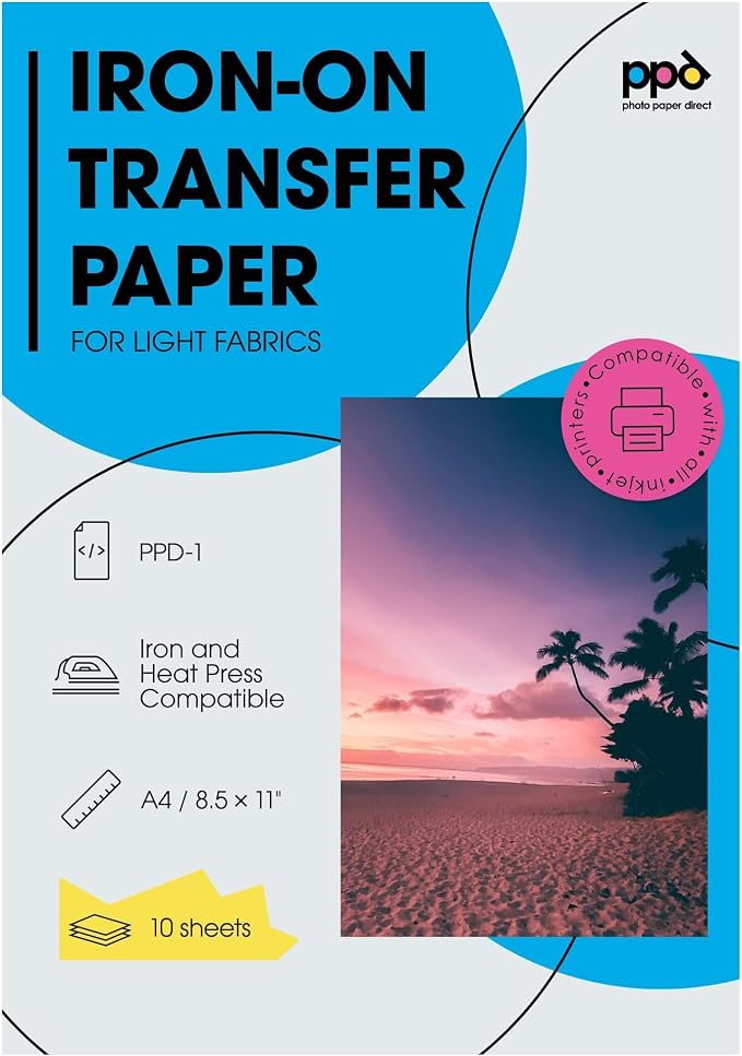 PPD 10 Sheets 8.5x11" Iron-on Heat Transfer Vinyl Paper Light Fabrics | Premium by PhotoPaperDirect
