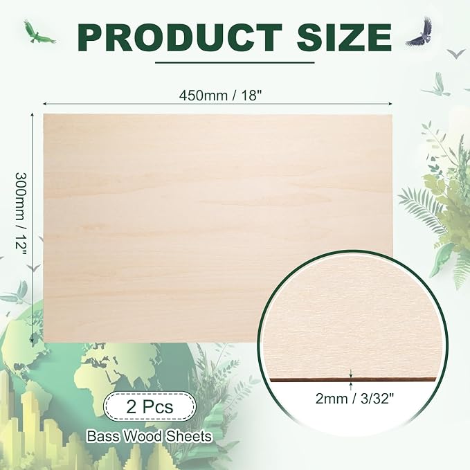 HARFINGTON 2pcs 2mm Basswood Plywood Sheets 12" x 18" x 3/32" Thin Unfinished - Image 2