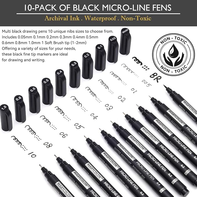 MARTCOLOR Micro Pen Fineliner Pens, 10 Size Archival Black Ink Pens | Fine - Image 2