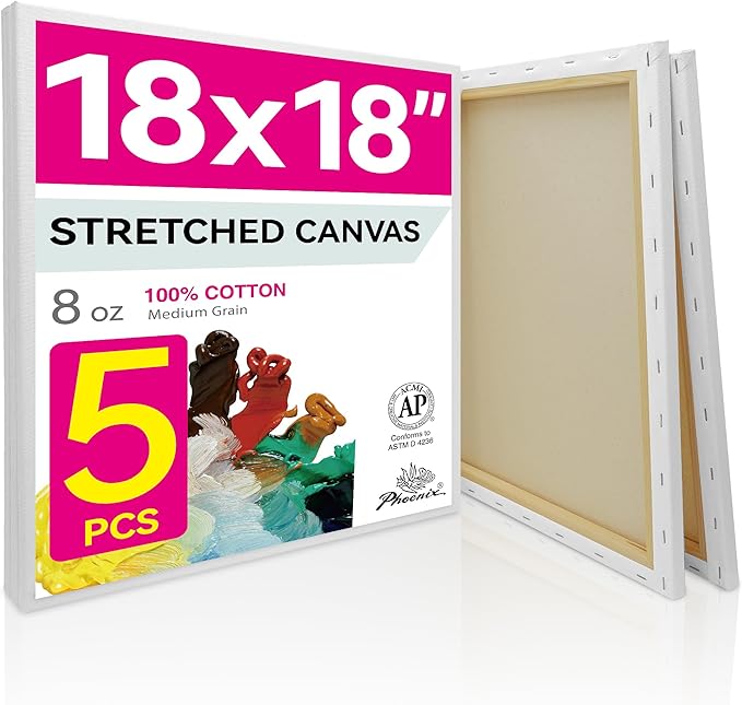 PHOENIX Large Stretched Canvas for Painting 18x18 Inch/5 Value Pack, 8 Oz by PHOENIX