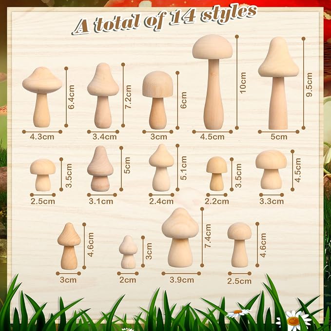 Vicenpal 40 Pcs Unfinished Wooden Mushroom 14 Size Natural Wood Mushrooms - Image 2