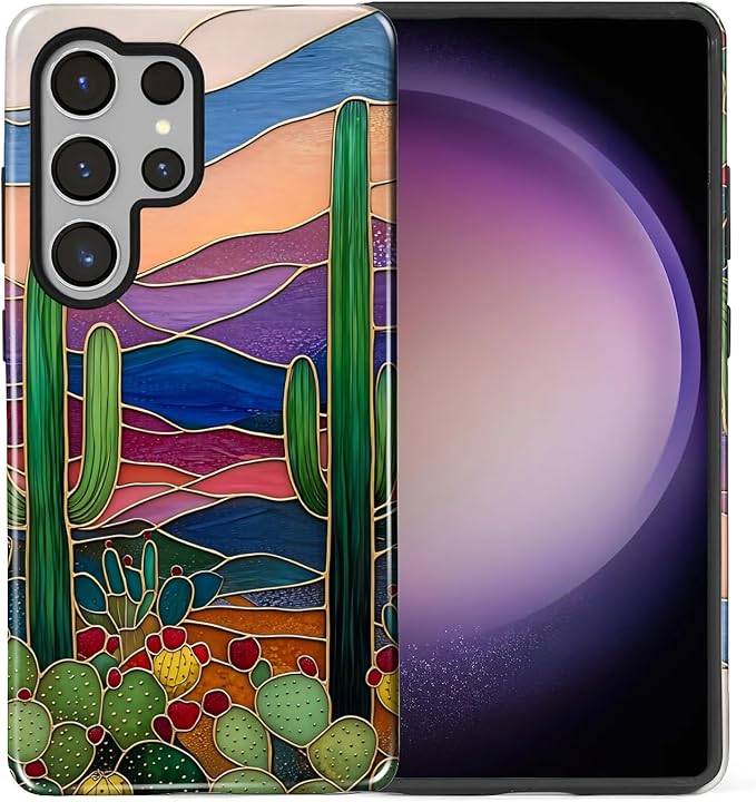 for Samsung Galaxy S25 Ultra Case, Stained Glass Cactus Pattern Glossy 2 in 1 - Image 2