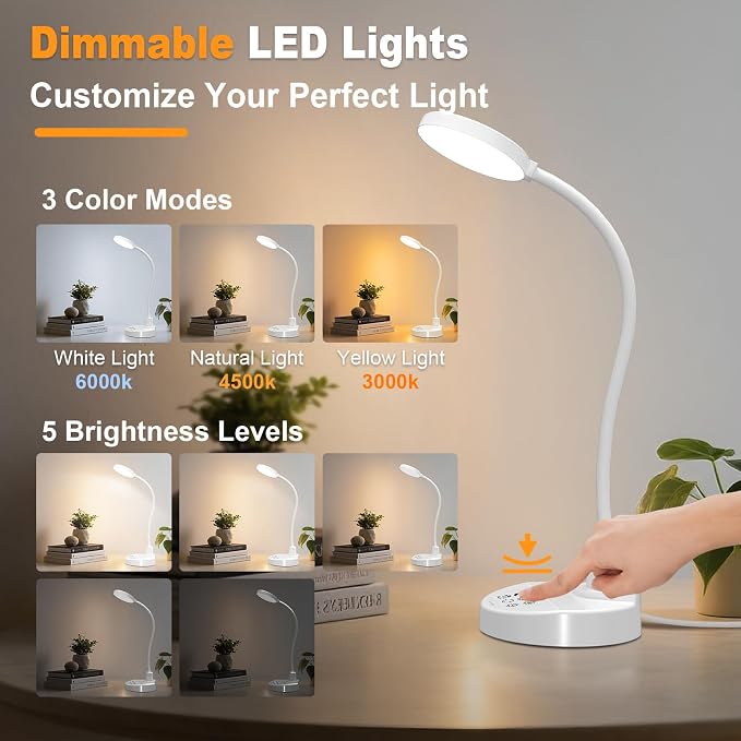 15W LED Desk Lamp with USB Charging Ports – Dimmable Table Lamp with 3 Color - Image 2