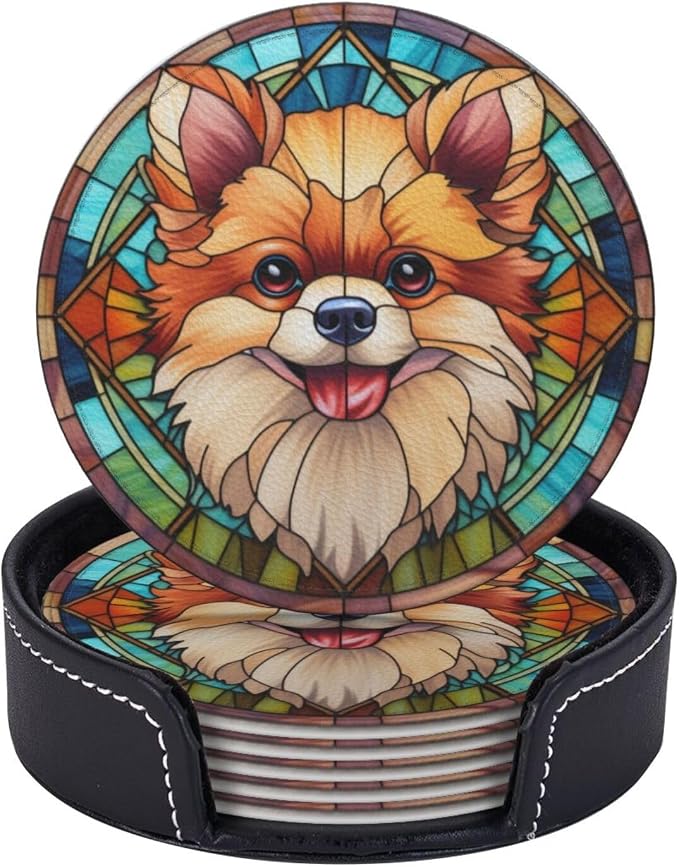 Drink Coaster Set of 6, Pomeranian Dog Mom Lover Gift, Leather Drink Coasters - Image 2
