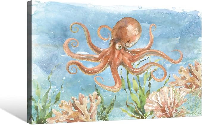 Octopus Canvas Wall Art Ocean Under Sea Life Painting Nautical Marine Life - Image 2