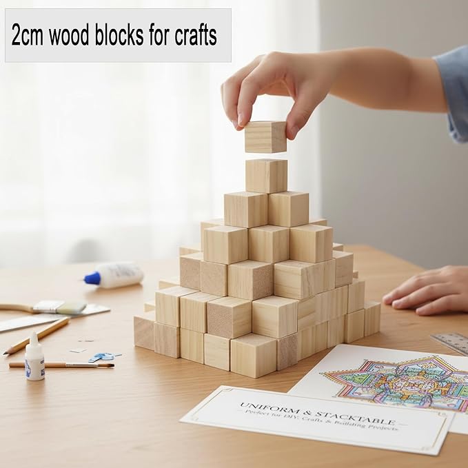 Wood Blocks for Crafts, Unfinished Wood Cubes, 2 cm Natural Wooden Blocks - Image 4