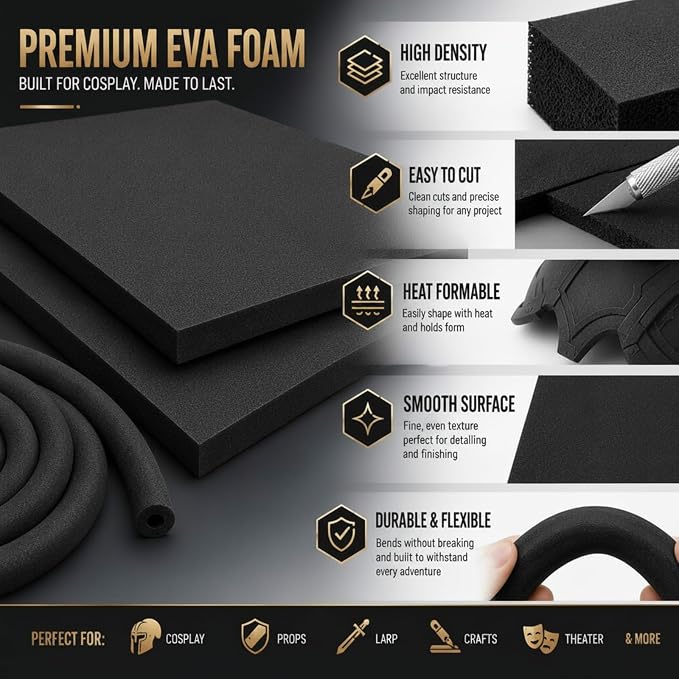 3-Piece EVA Cosplay Foam Kit, Includes 2 Black EVA Foam Sheets and 15mm x 2m - Image 5