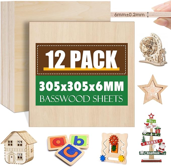 12 Pack Basswood Sheets 1/4x12x12 Inch, 6mm Basswood by ESRICH