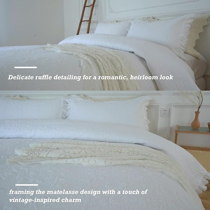 Brandream White Quilts King Size Cotton Matelasse Coverlet Set Cottagecore - Image 3