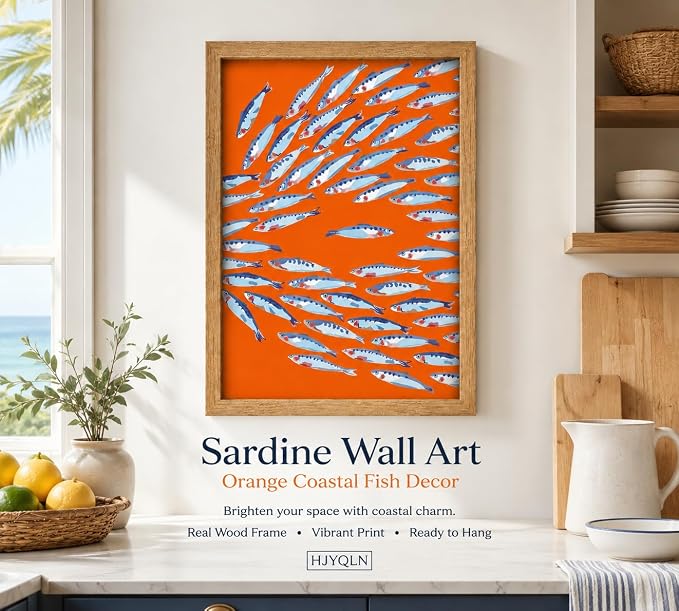 Framed Sardine Fish Canvas Wall Art, Bold Orange Background school Sardines - Image 2